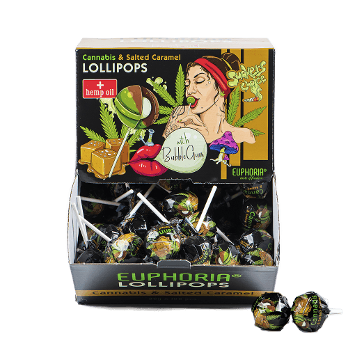 Euphoria Cannabis Lollipops with Bubblegum — Box of 100 — Salted Caramel