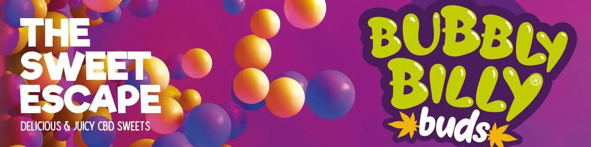 Bubbly Billy Buds brand poster artwork reading The Sweet Escape over floating gumball spheres, the range behind the 10mg CBD lollipops on this shelf