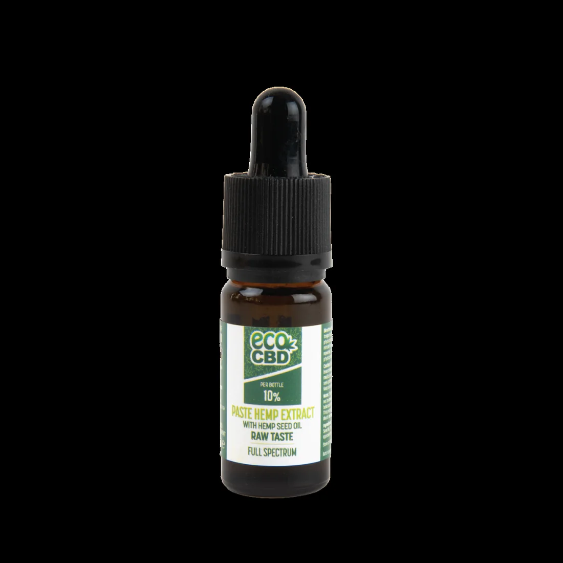 Eco-CBD amber glass bottle with a black pipette cap on a black background, labelled Paste Hemp Extract with Hemp Seed Oil, Raw Taste and Full Spectrum