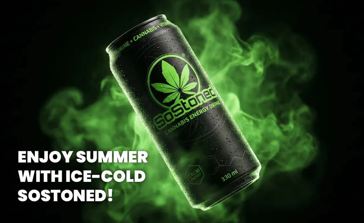 SoStoned cannabis energy drink 330ml can on a green smoke background