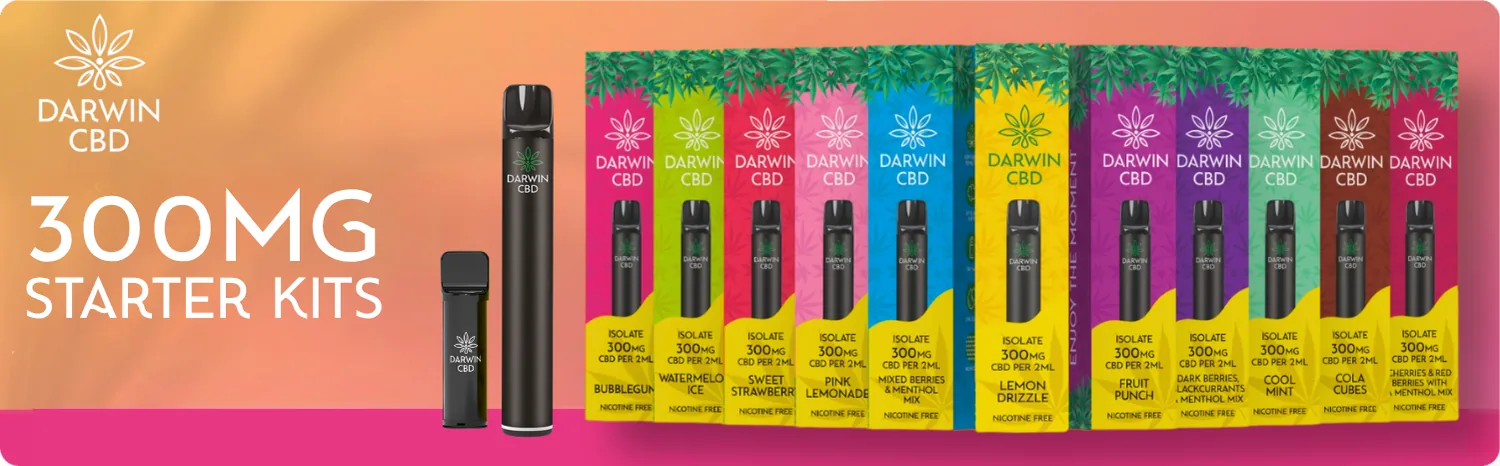 Darwin CBD 300mg starter kit campaign artwork showing the pod device and all eleven flavour boxes, each marked isolate 300mg CBD per 2ml and nicotine free