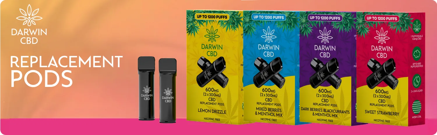 Darwin CBD replacement pods poster showing 600mg two-pod packs in Lemon Drizzle, Mixed Berries, Dark Berries and Sweet Strawberry