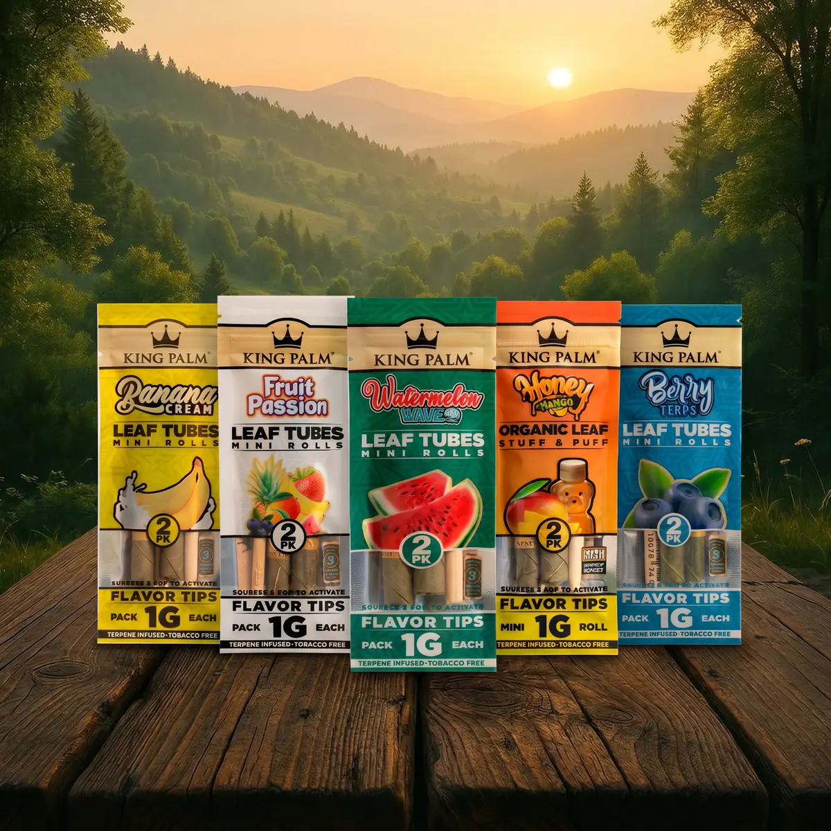 King Palm brand artwork showing five palm leaf tube packs on a wooden table against a forest sunset, the range the brand is known for rather than its hemp papers