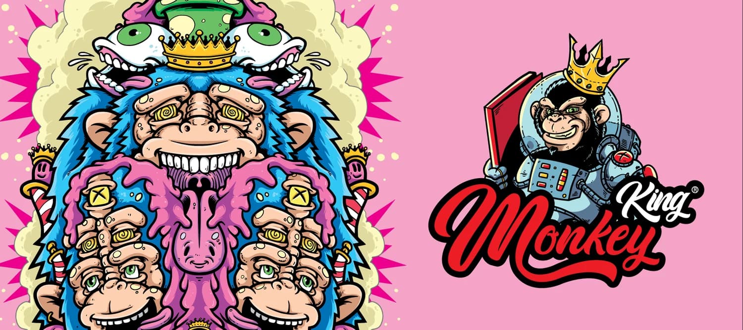 Monkey King brand artwork in the psychedelic illustration style used across the rolling tray boxes