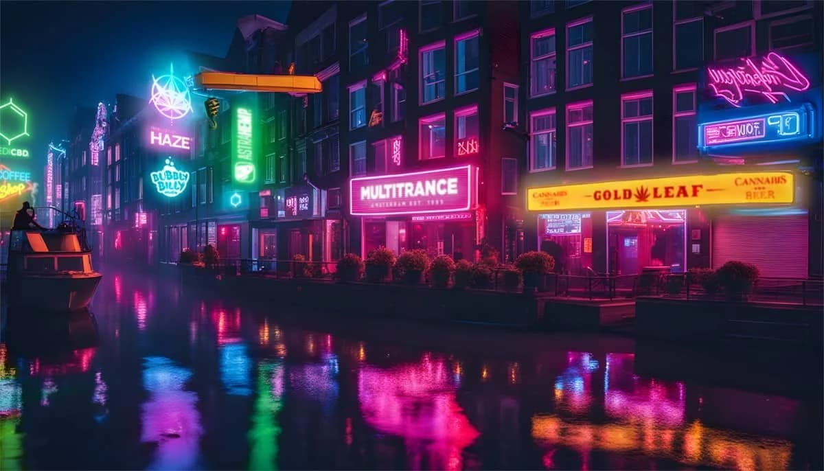 Multitrance and Bubbly Billy Buds neon signage on an Amsterdam canal street at night