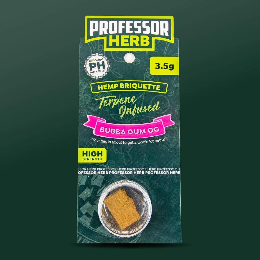 Professor Herb Hemp Briquette hanging card with a hot pink Bubba Gum OG ribbon, a 3.5g flash and the pressed hash visible in a clear screw-top pot