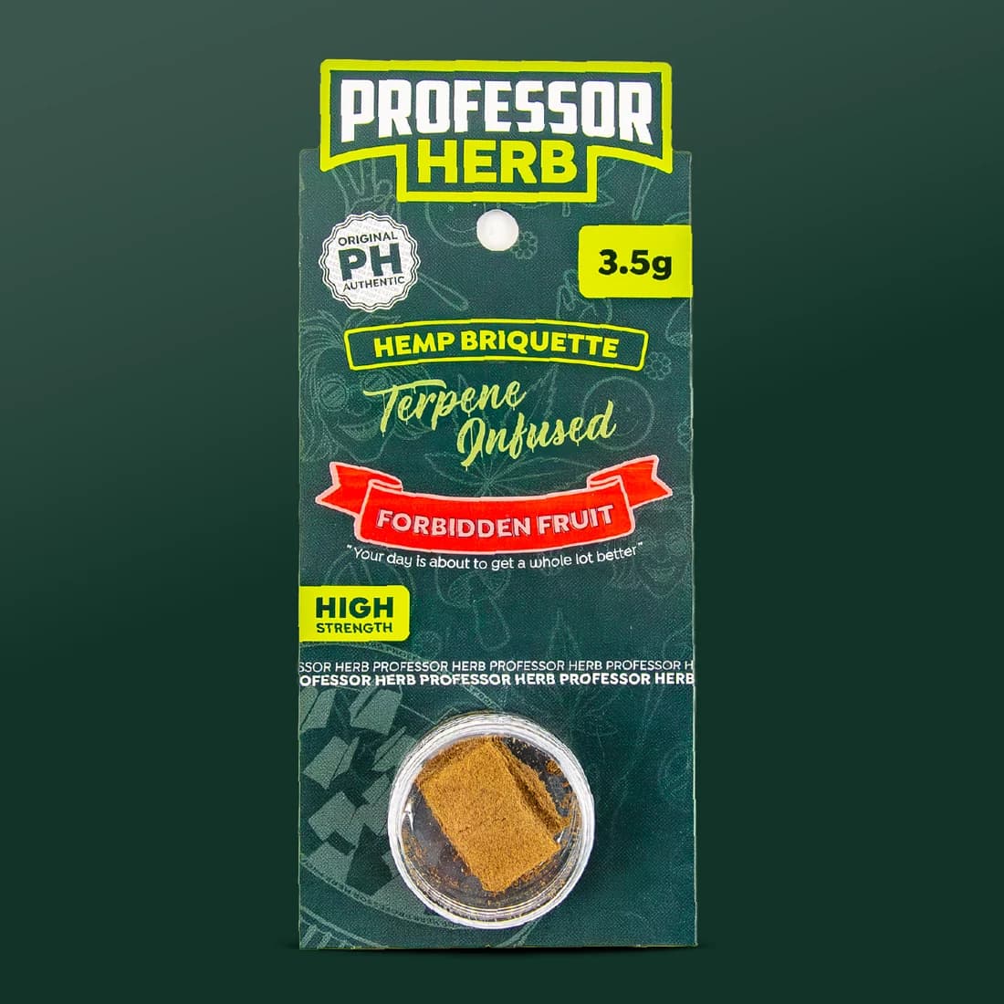 Professor Herb Hemp Briquette hanging card with a Forbidden Fruit ribbon and a clear screw-top pot of pressed hemp material