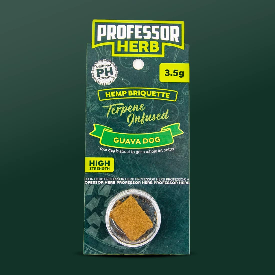 Professor Herb Hemp Briquette hanging card with a green Guava Dog ribbon, a 3.5g flash and the pressed hash visible in a clear screw-top pot
