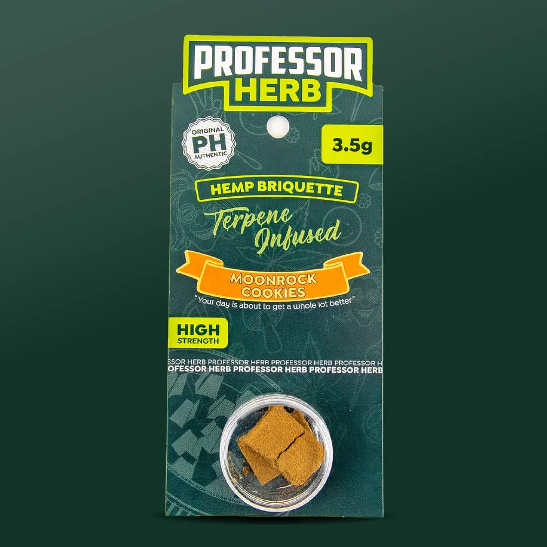 Professor Herb Hemp Briquette hanging card with an orange ribbon reading MOONROCK above COOKIES, a 3.5g flash, and two broken pieces of pressed hash in a clear screw-top pot