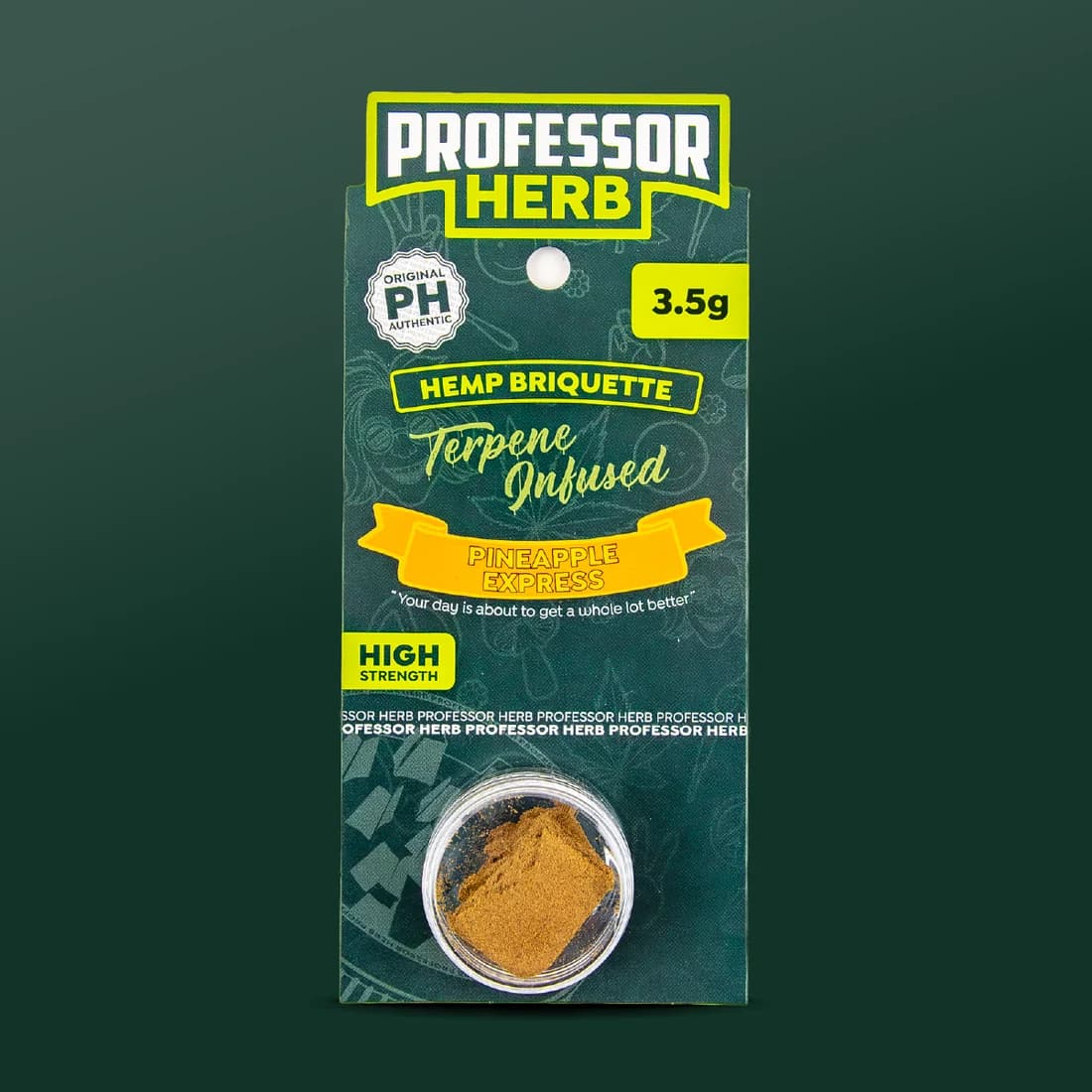 Professor Herb Hemp Briquette card with an orange ribbon reading PINEAPPLE on one line and EXPRESS on the next, above a clear pot of crumbled pressed hash