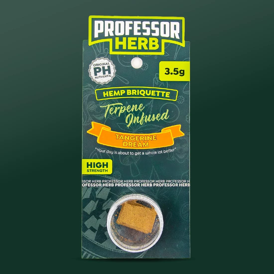 Professor Herb Hemp Briquette hanging card with an orange ribbon reading TANGERINE above DREAM, the words Terpene Infused, and pressed hash in a clear screw-top pot