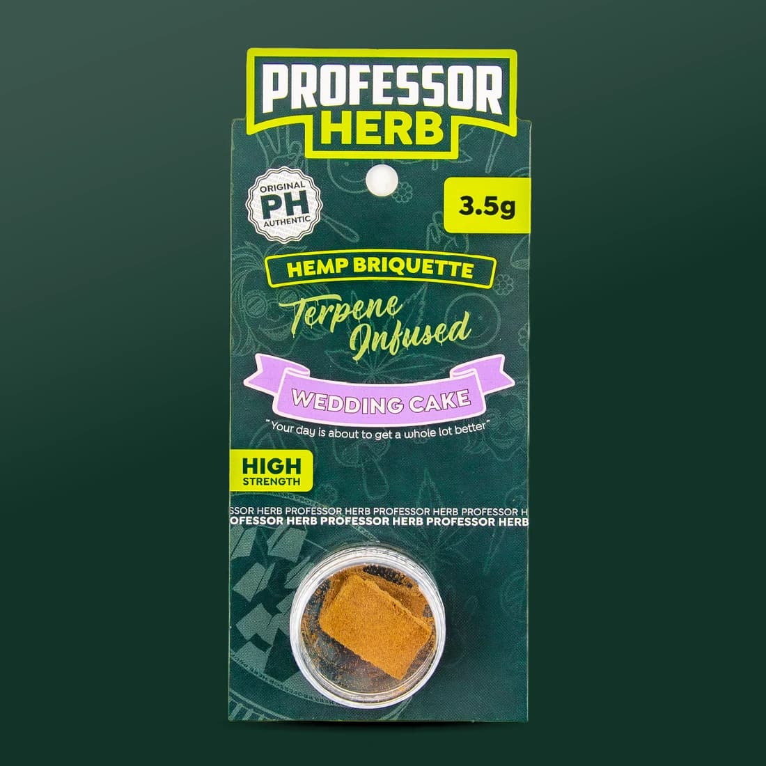Professor Herb Hemp Briquette hanging card with a lilac Wedding Cake ribbon, a 3.5g flash and the pressed hash visible in a clear screw-top pot