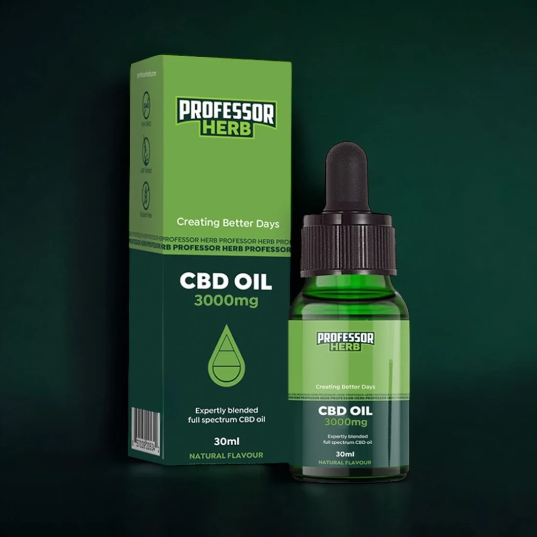 Professor Herb CBD Oil 3000mg 30ml bottle and carton, labelled CBD Oil rather than tincture