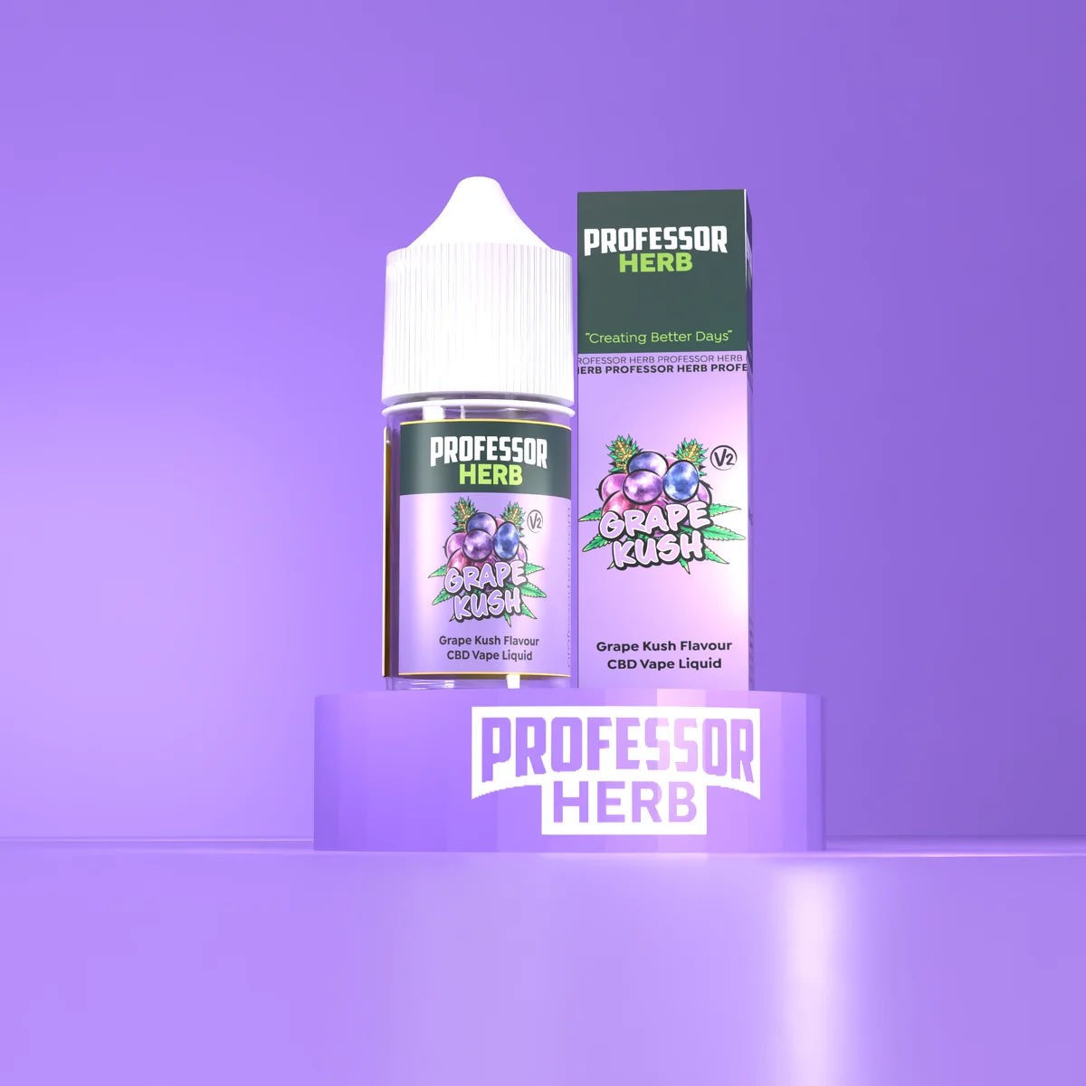 Professor Herb CBD Vape Liquid 1000mg 30ml V2 bottle and carton in Grape Kush on purple brand artwork