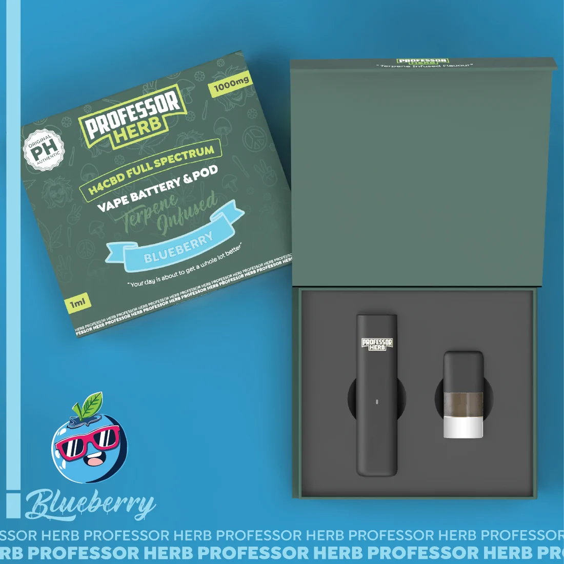 Professor Herb H4CBD Full Spectrum 1000mg pod kit in Blueberry, showing the battery and pre-filled pod in the open presentation box