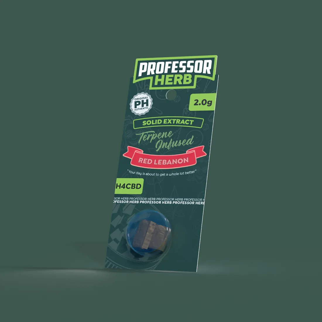 Professor Herb Solid Extract card at an angle with a red Red Lebanon ribbon, a 2.0g flash, a lime H4CBD badge at the lower left and dark purple-brown extract in a clear pot
