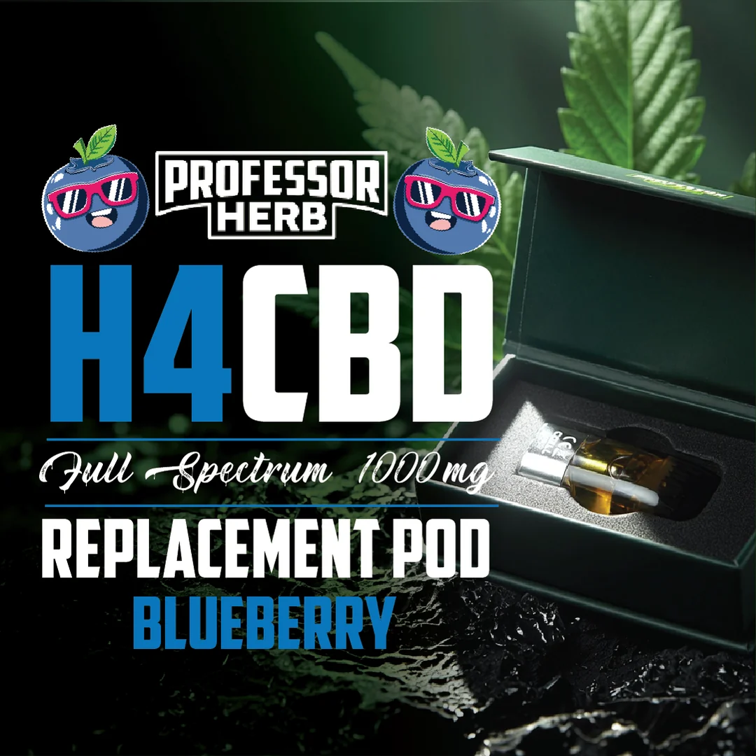 Professor Herb H4CBD Full Spectrum 1000mg replacement pod artwork in Blueberry, showing the pod in its presentation box