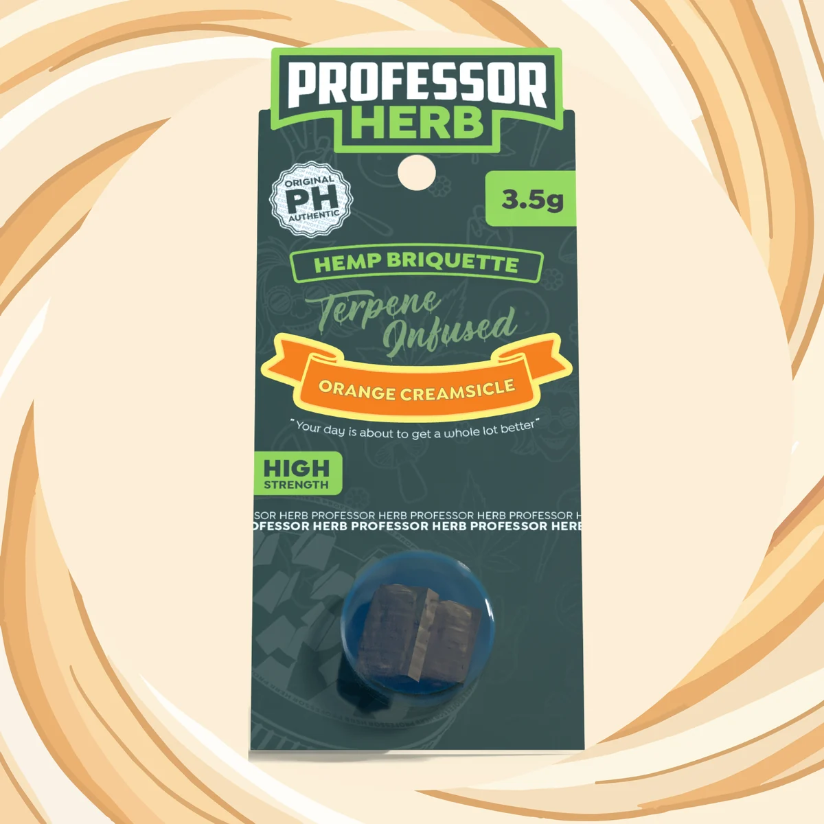 Professor Herb Hemp Briquette Hash 3.5g Orange Creamsicle pack on the brand's swirl artwork background