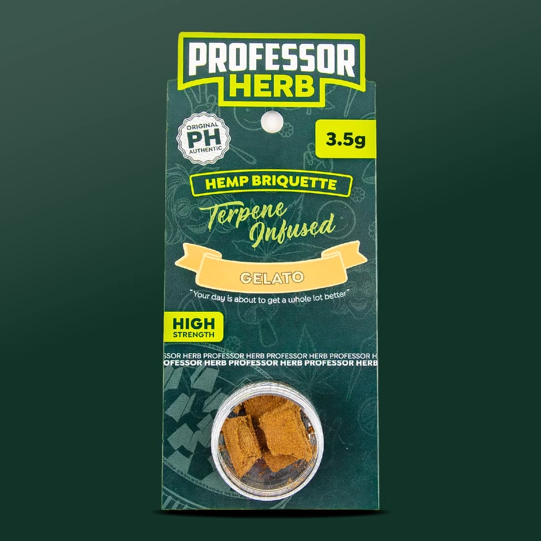 Professor Herb Hemp Briquette Gelato hanging card, with the pressed hash visible through a clear screw-top pot on the front of the card