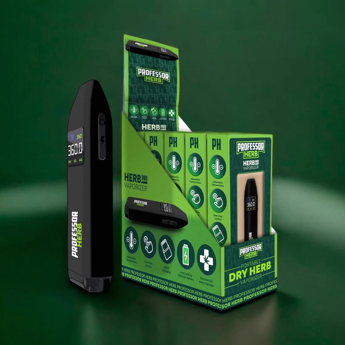 Professor Herb Herb Pro dry herb vaporiser showing its temperature display, beside the retail packaging