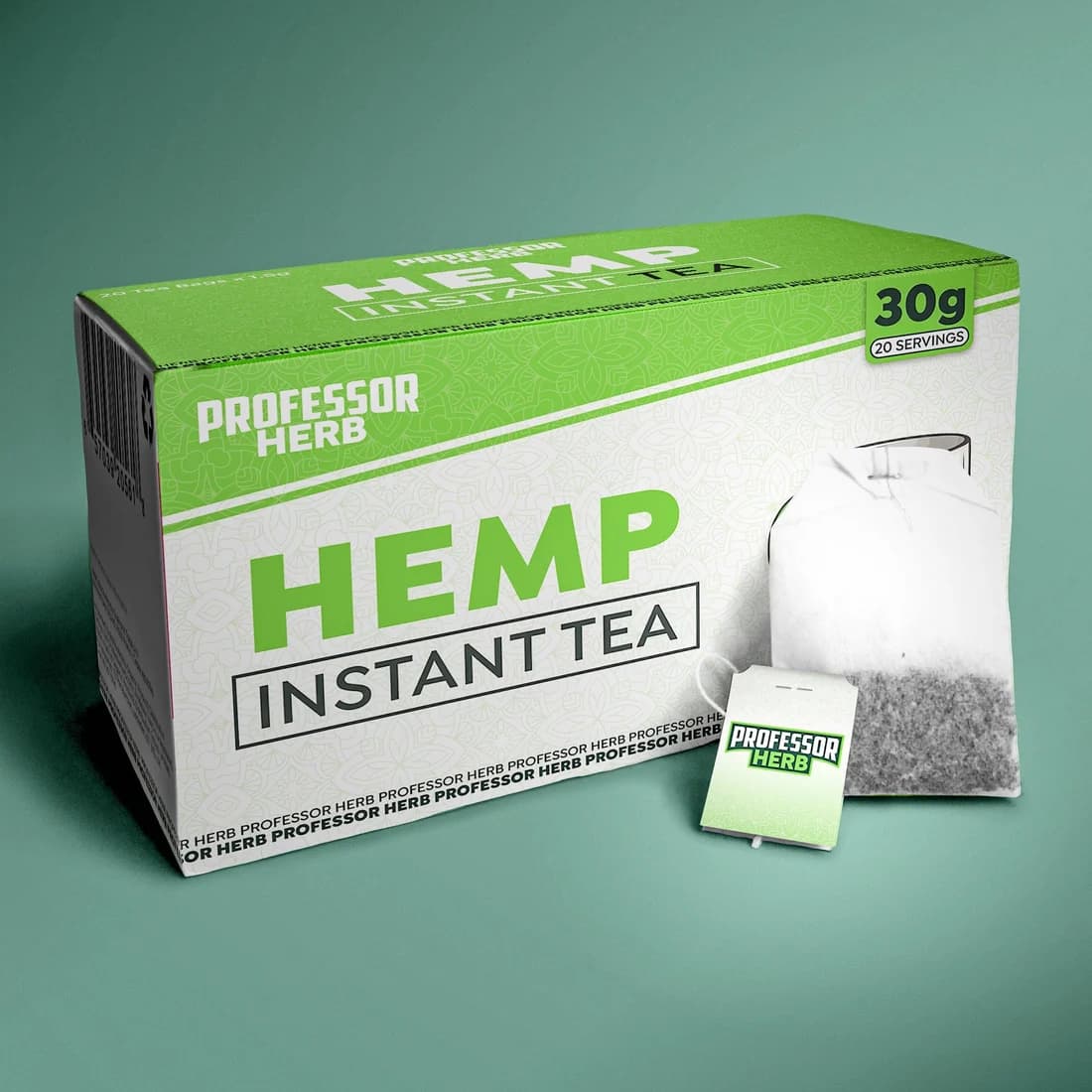 Professor Herb Hemp Instant Tea box in green and white on a green background, with a paper tea bag beside it and 30g and 20 servings marked on the pack