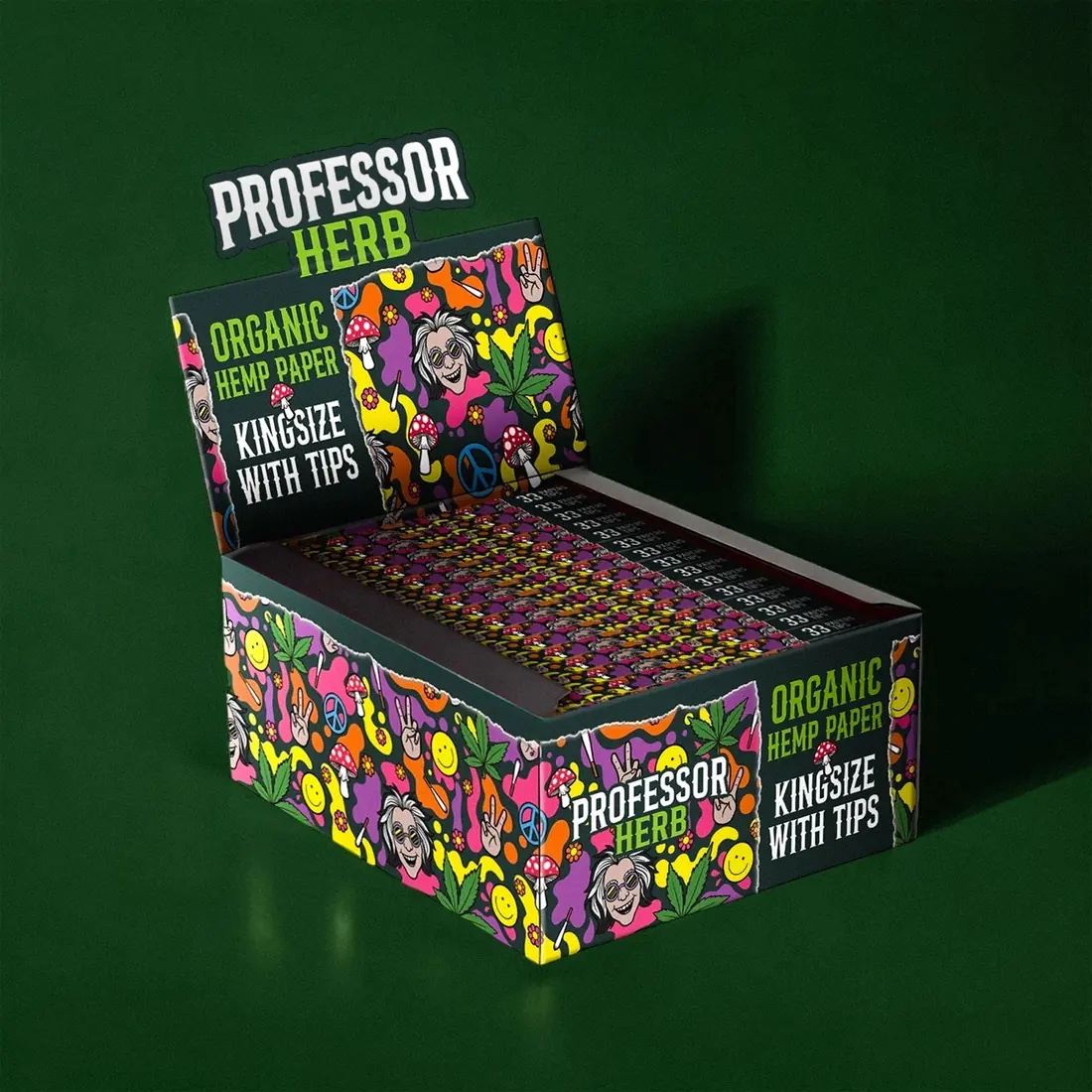 Professor Herb rolling papers retail display box in bright psychedelic print on a dark green background, marked Organic Hemp Paper and Kingsize With Tips, packed with booklets