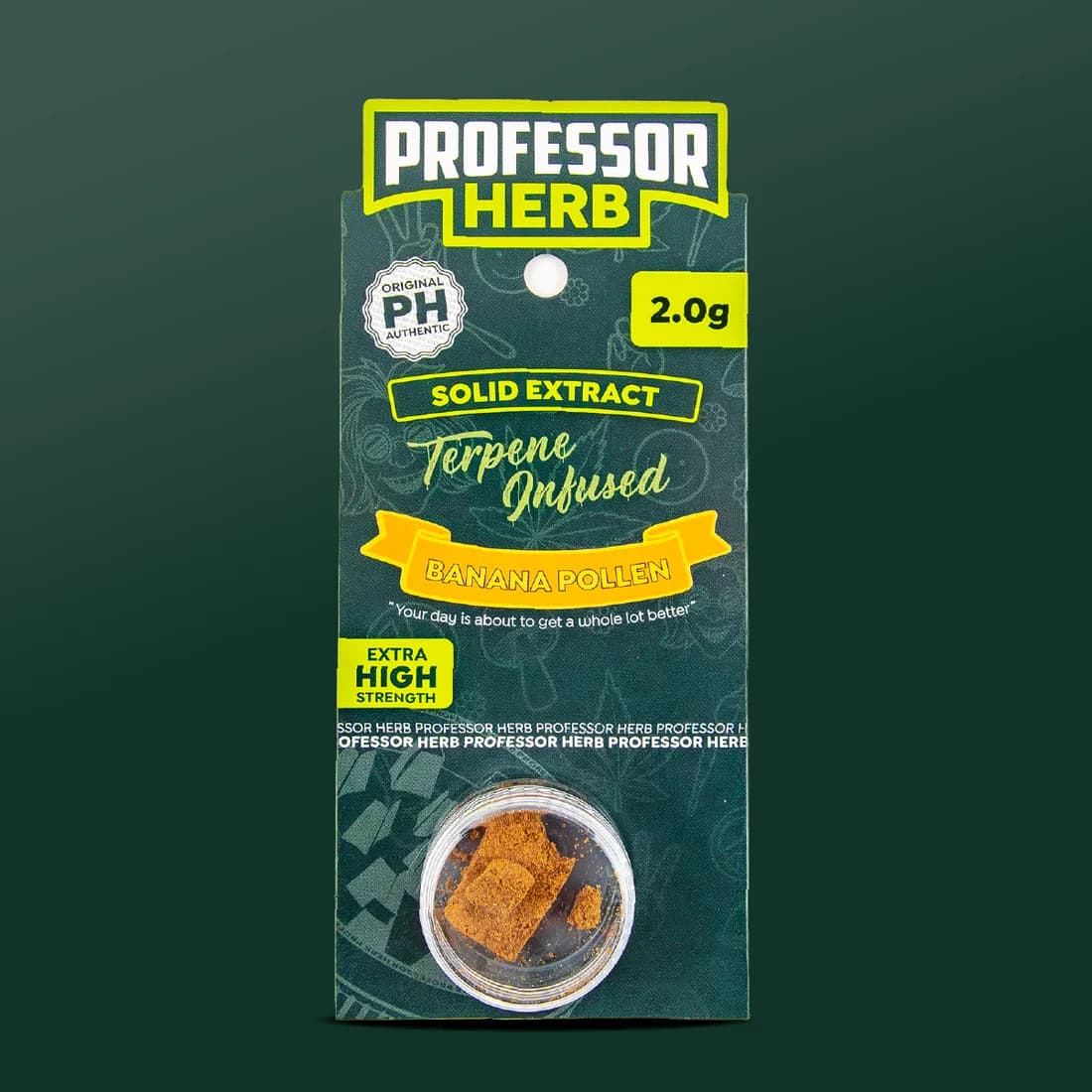 Professor Herb Solid Extract hanging card with a yellow Banana Pollen ribbon, a 2.0g flash, an Extra High Strength label and broken pieces of hash in a clear pot