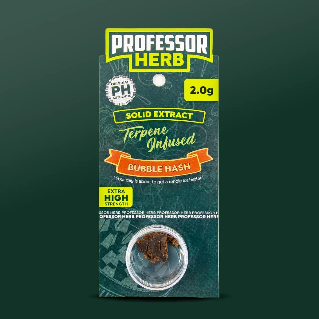 Professor Herb Solid Extract hanging card with an orange Bubble Hash ribbon, a 2.0g flash, an Extra High Strength label and dark crumbly hash in a clear pot