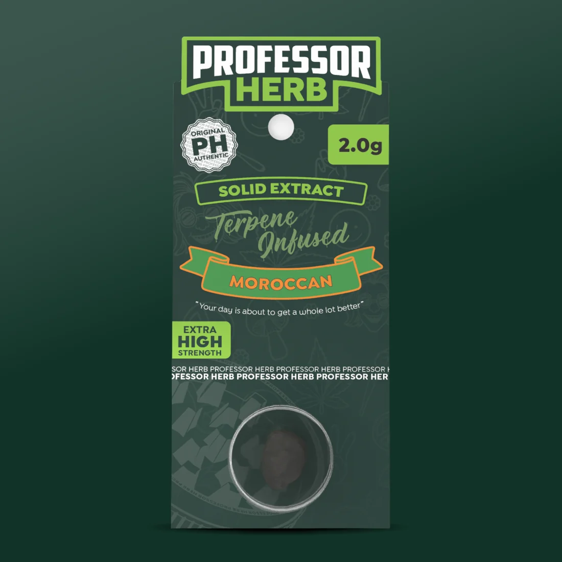 Professor Herb Solid Extract hanging card with a green ribbon reading MOROCCAN in orange, a 2.0g flash, an Extra High Strength label and dark hash in a clear pot