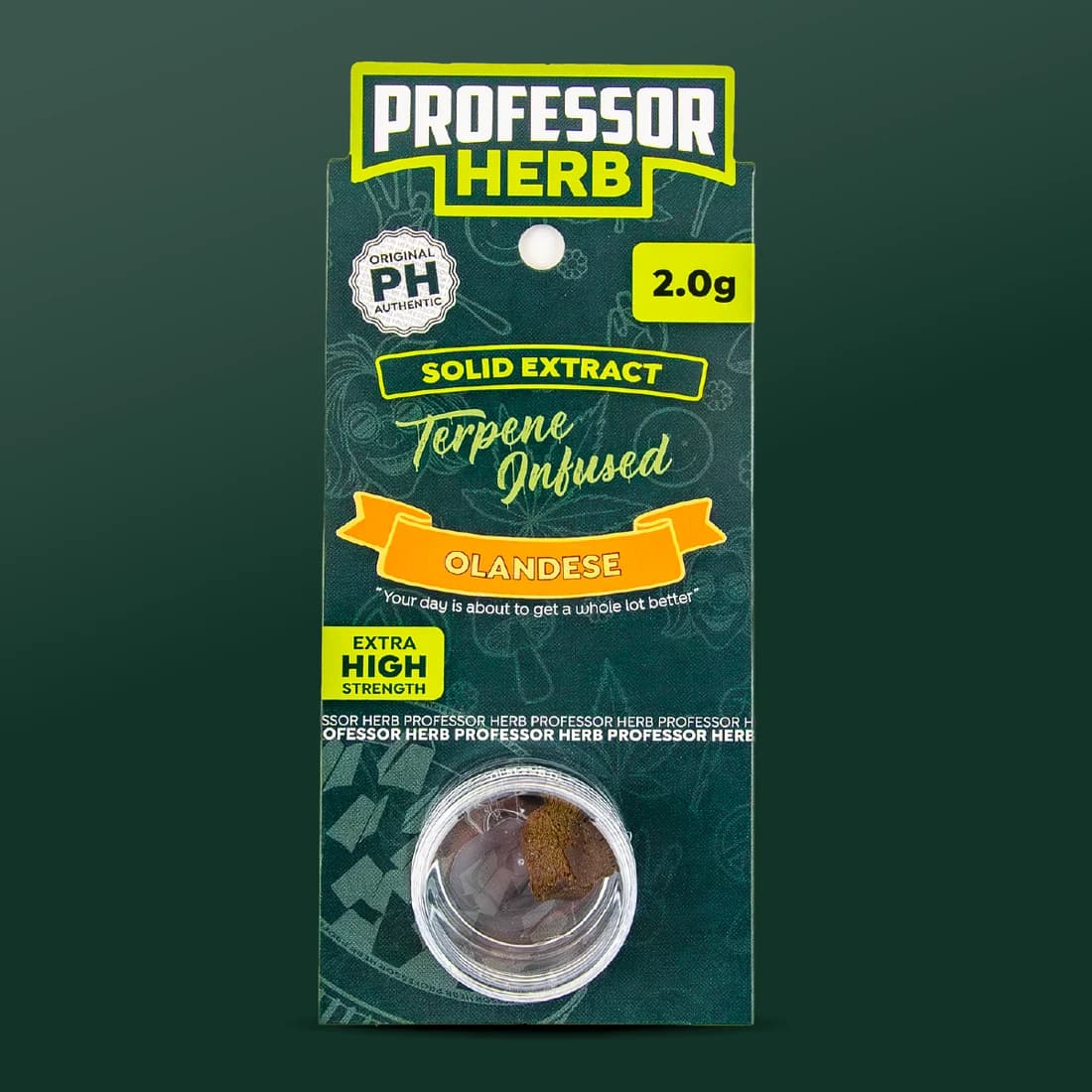 Professor Herb Solid Extract hanging card with an orange Olandese ribbon, a 2.0g flash, an Extra High Strength label and golden-brown hash in a clear pot