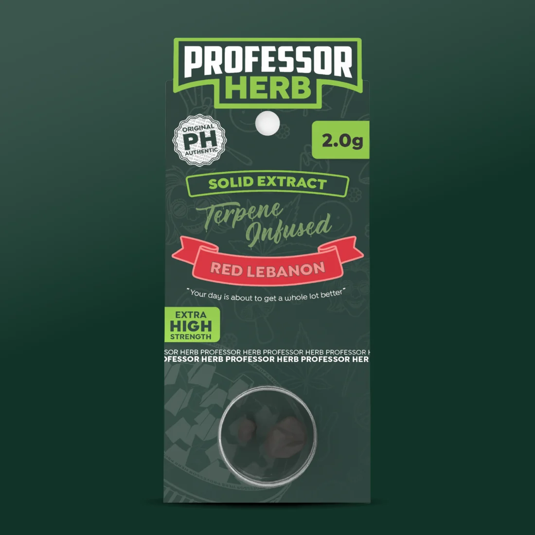 Professor Herb Solid Extract hanging card with a red Red Lebanon ribbon, a 2.0g flash, an Extra High Strength label and dark reddish-brown hash in a clear pot
