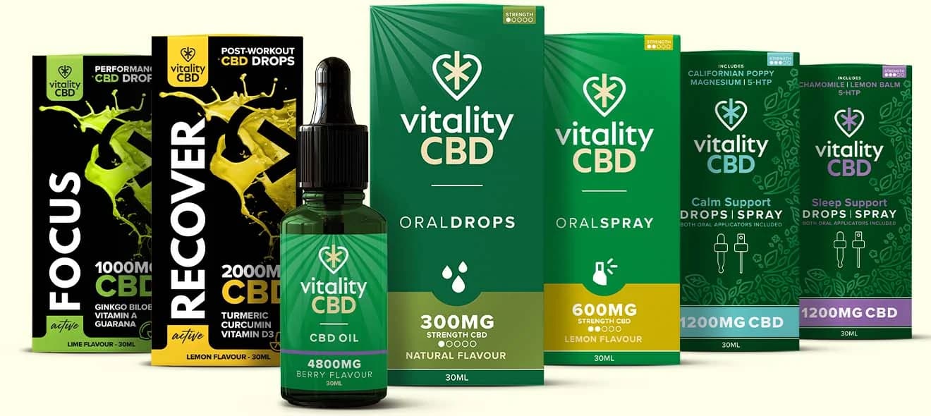 Vitality CBD oral range packaging showing oral drops, oral spray and support formats with strengths printed on each box