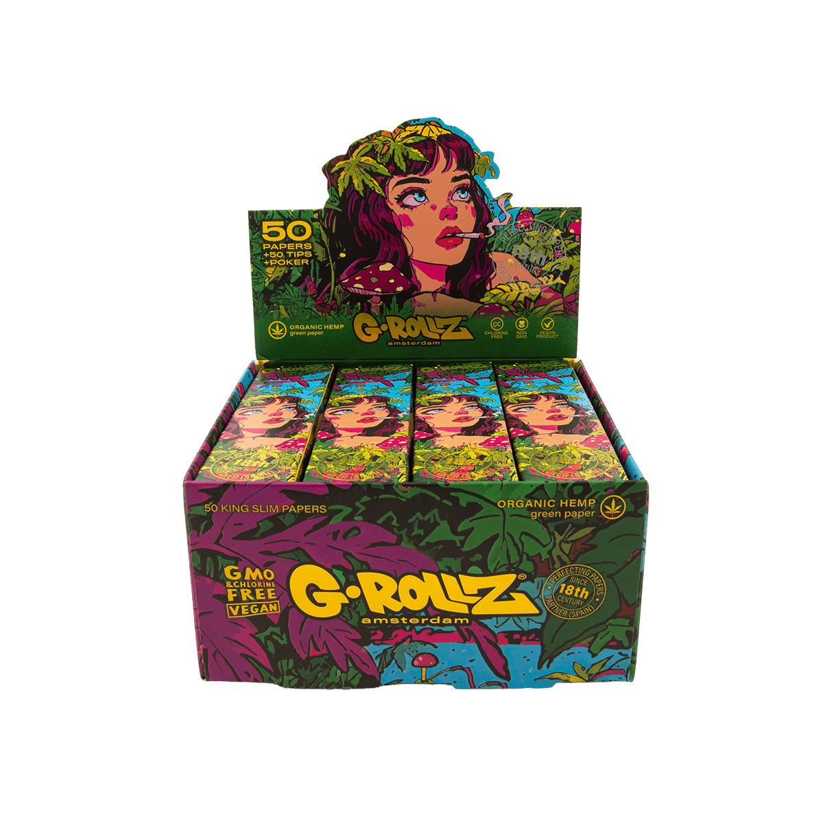 G-Rollz Jungle Organic Hemp King Size Papers + Tips + Poker - — Box of 20