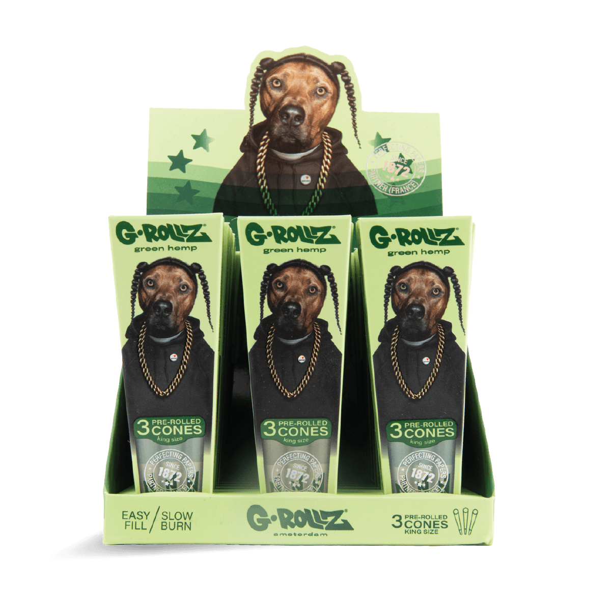 G-Rollz Pets Rock 'Rap' Organic Green Hemp King Size Pre-Rolled Cones 3pcs — Box of 24