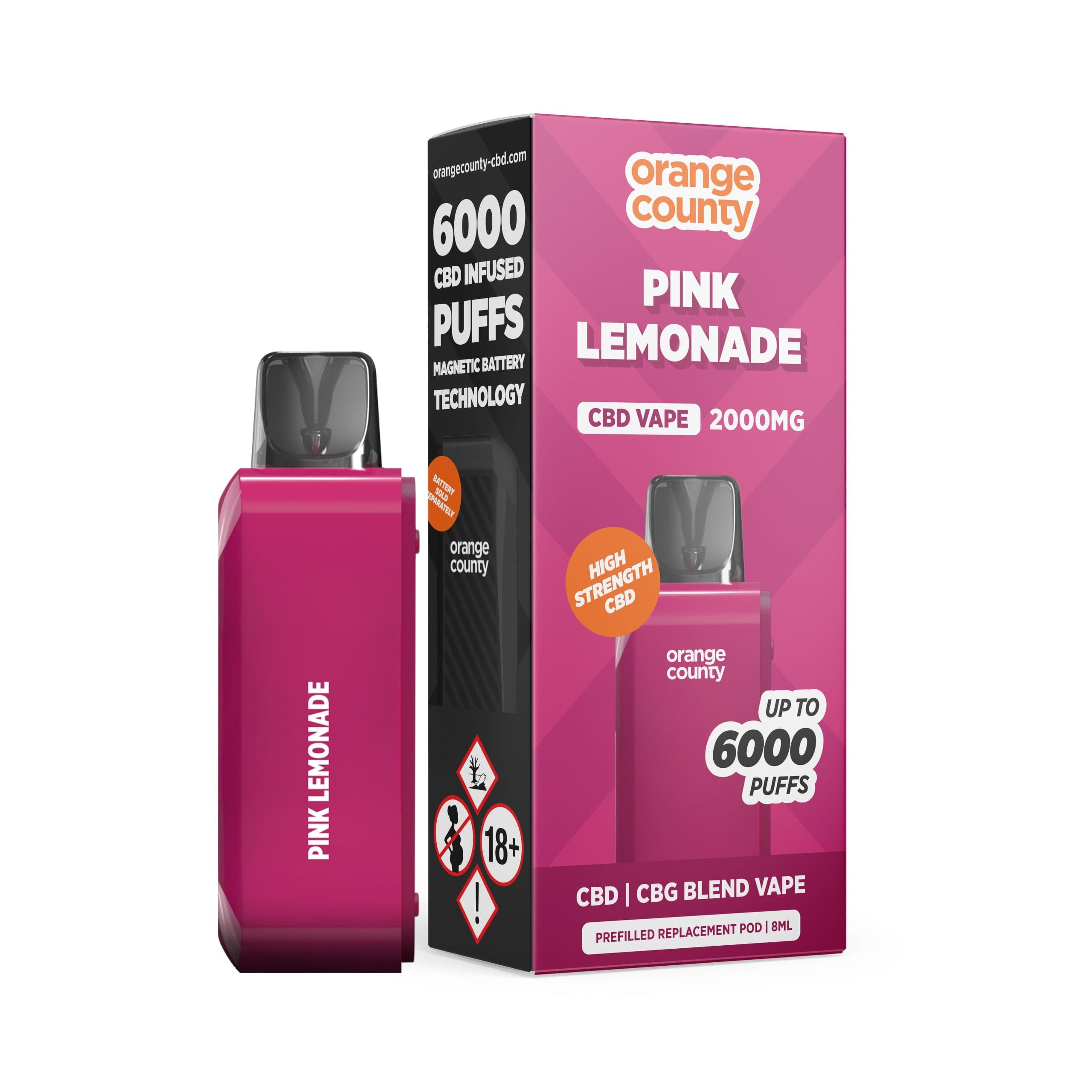 Orange County CBD/CBG 2000mg (10%) 6000 Puff Vape Pod — Pink Lemonade