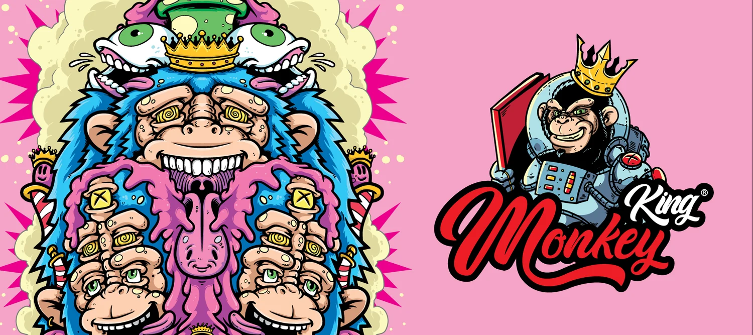 Monkey King brand artwork in the psychedelic illustration style used across the rolling tray boxes