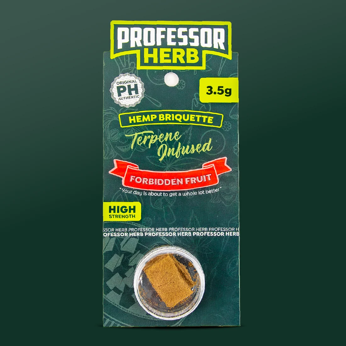 Professor Herb Hemp Briquette hanging card with a Forbidden Fruit ribbon and a clear screw-top pot of pressed hemp material