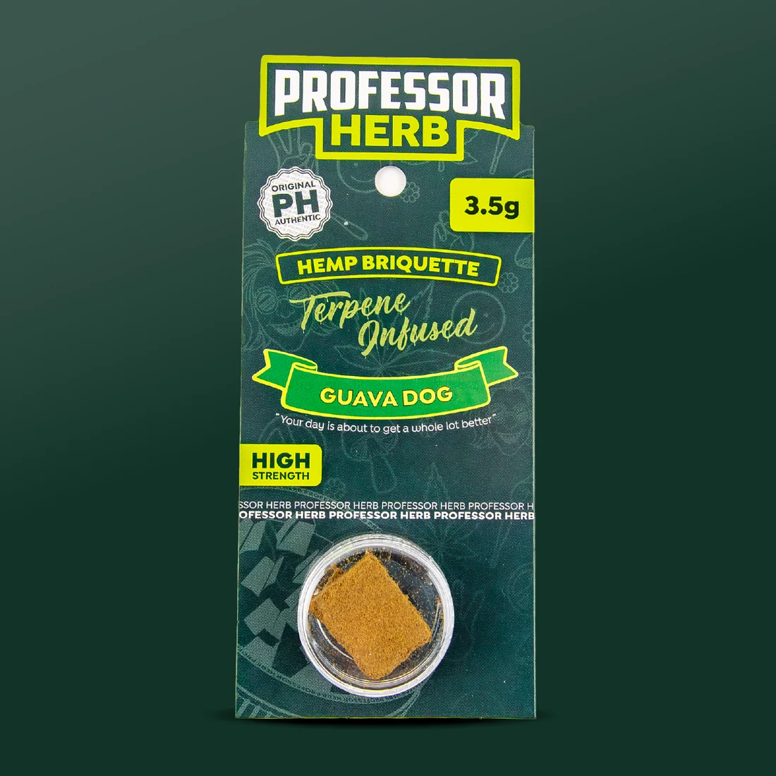 Professor Herb Hemp Briquette hanging card with a green Guava Dog ribbon, a 3.5g flash and the pressed hash visible in a clear screw-top pot
