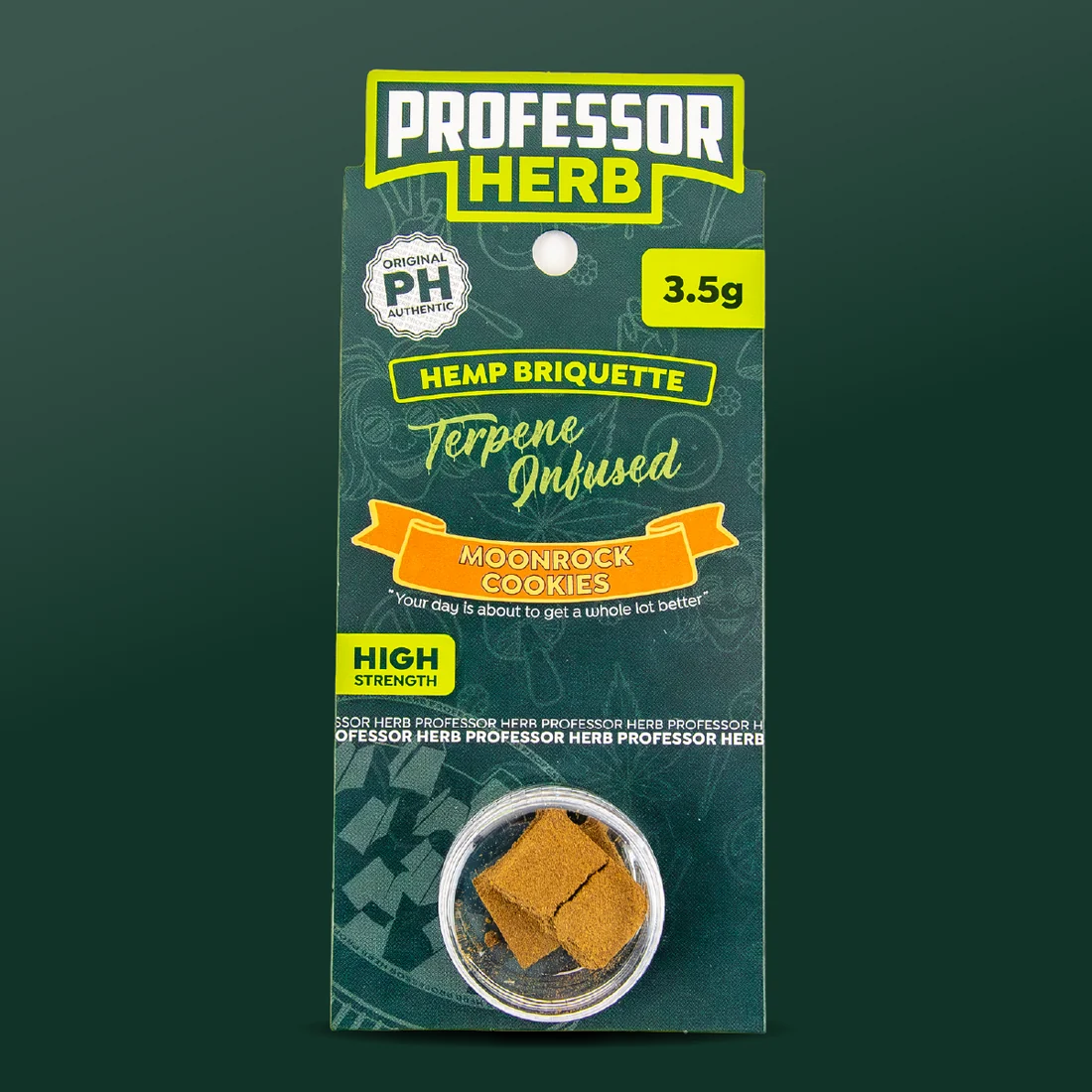 Professor Herb Hemp Briquette hanging card with an orange ribbon reading MOONROCK above COOKIES, a 3.5g flash, and two broken pieces of pressed hash in a clear screw-top pot