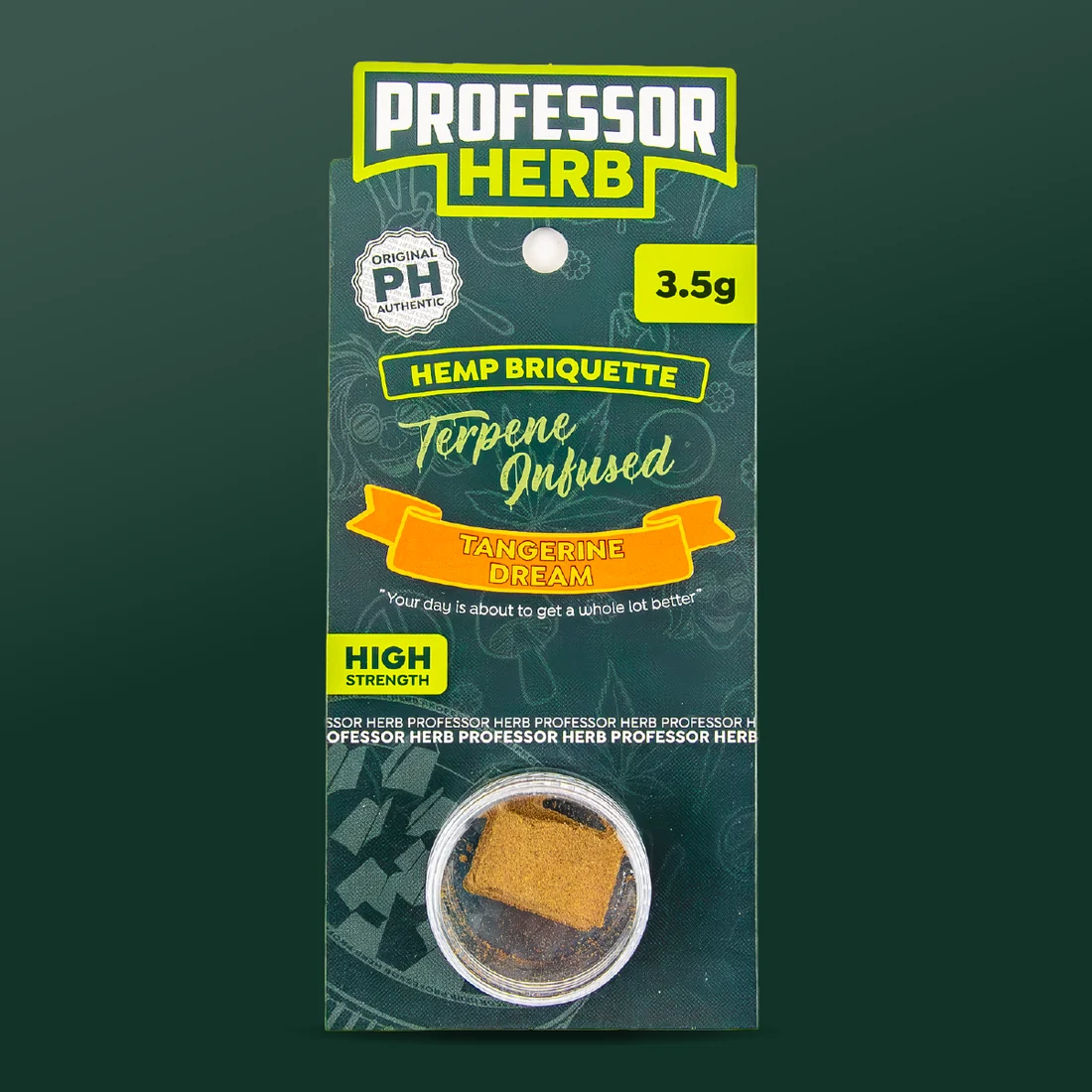 Professor Herb Hemp Briquette hanging card with an orange ribbon reading TANGERINE above DREAM, the words Terpene Infused, and pressed hash in a clear screw-top pot
