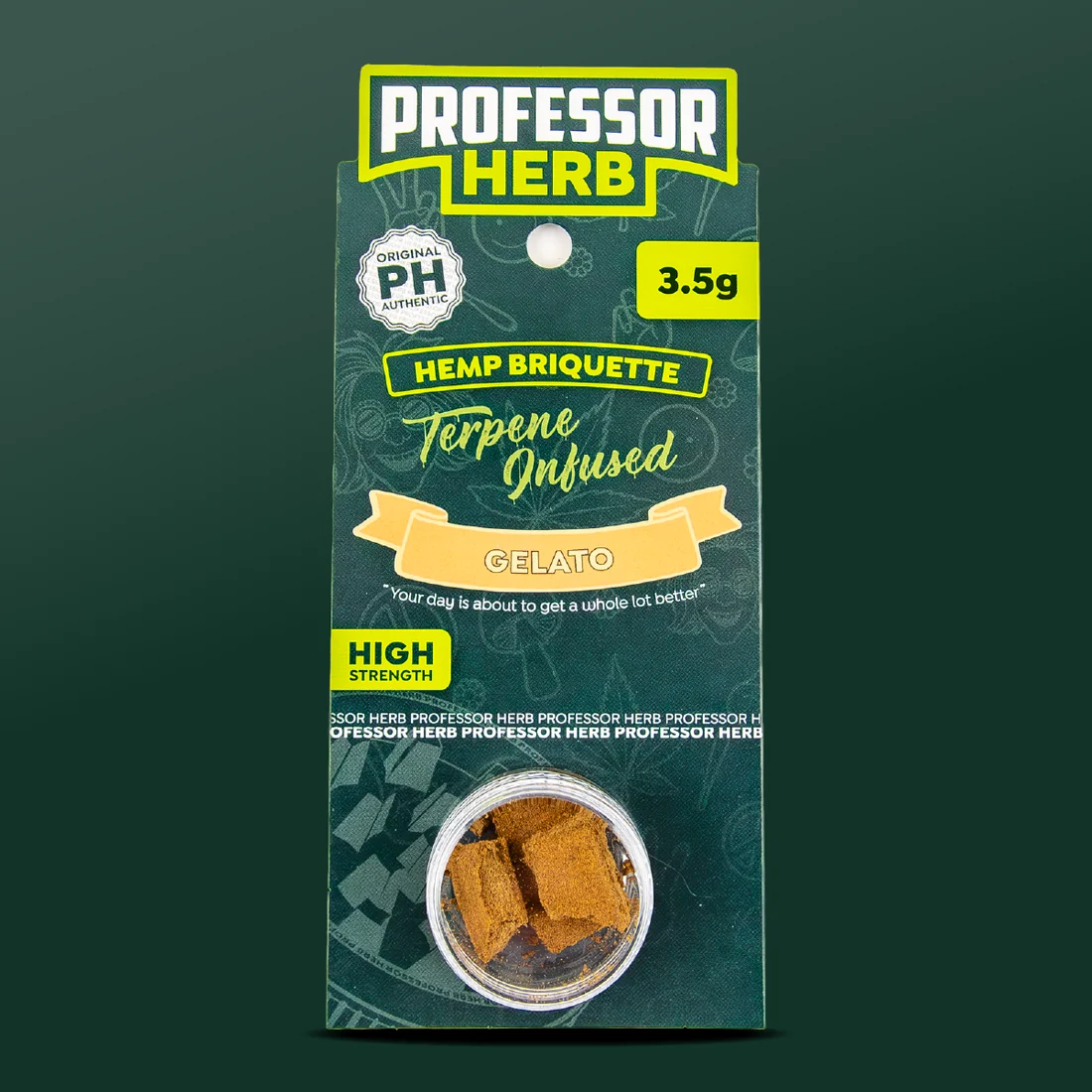 Professor Herb Hemp Briquette Gelato hanging card, with the pressed hash visible through a clear screw-top pot on the front of the card