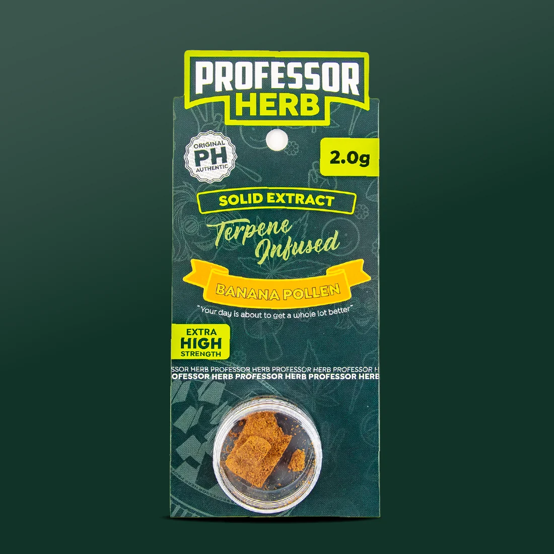 Professor Herb Solid Extract hanging card with a yellow Banana Pollen ribbon, a 2.0g flash, an Extra High Strength label and broken pieces of hash in a clear pot