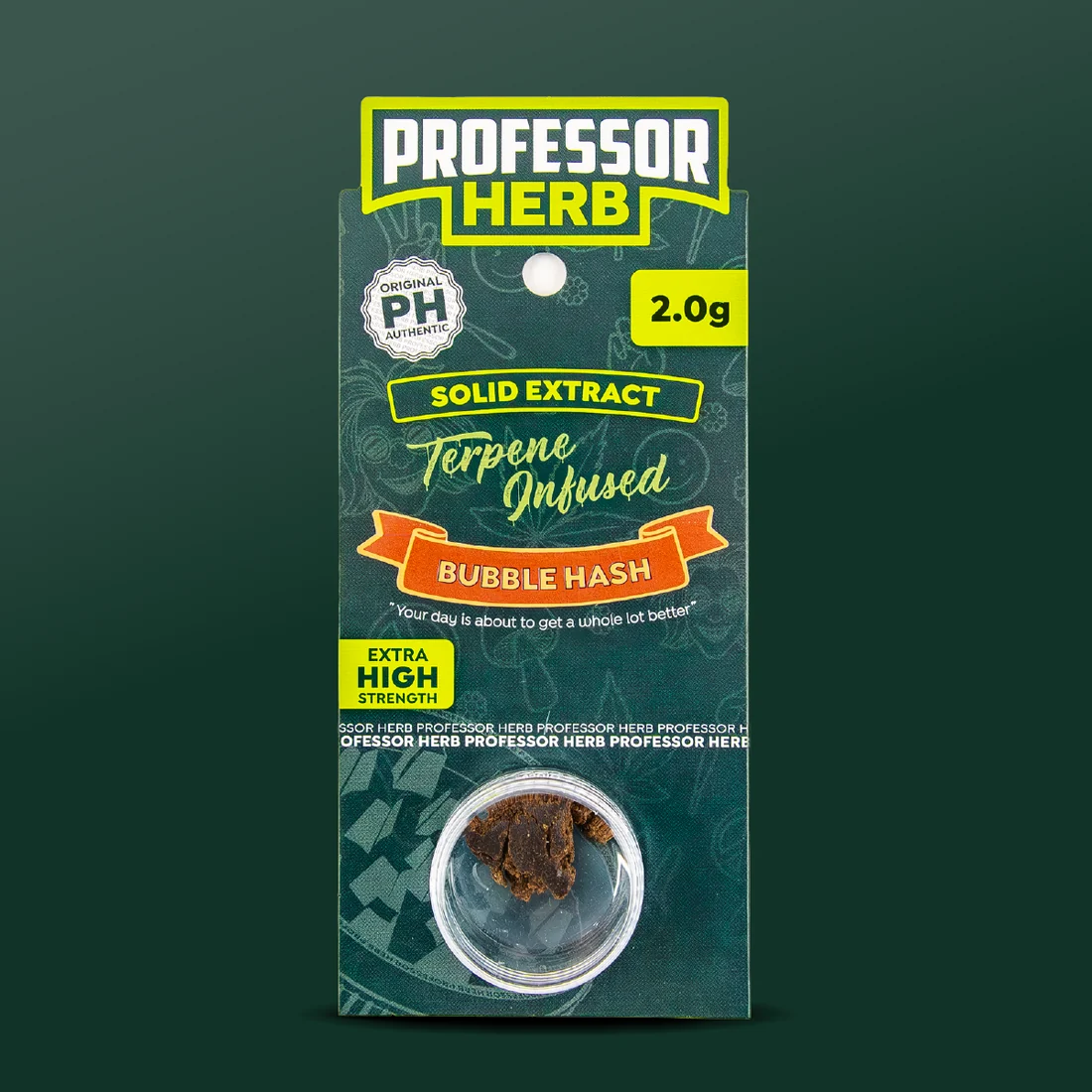 Professor Herb Solid Extract hanging card with an orange Bubble Hash ribbon, a 2.0g flash, an Extra High Strength label and dark crumbly hash in a clear pot