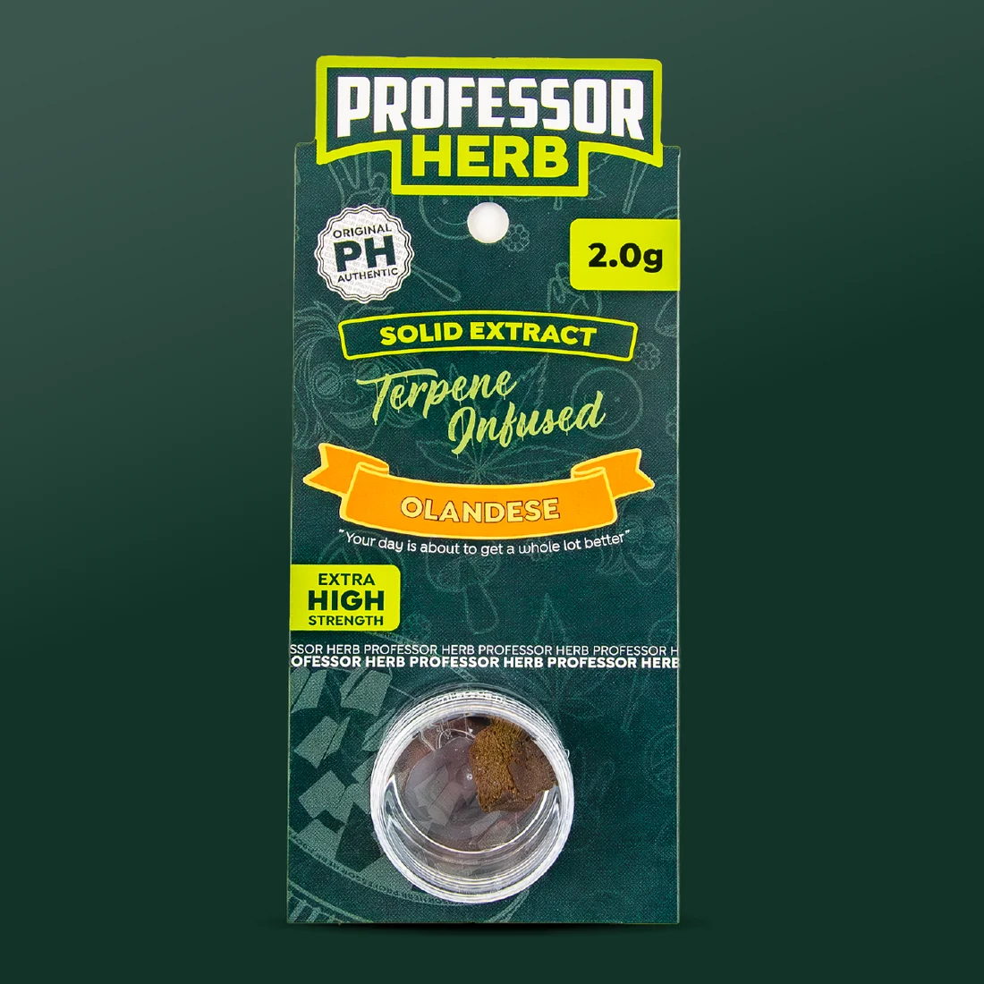 Professor Herb Solid Extract hanging card with an orange Olandese ribbon, a 2.0g flash, an Extra High Strength label and golden-brown hash in a clear pot